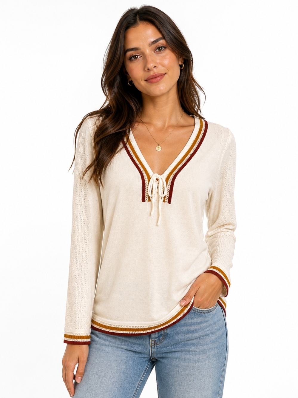 Carlisle Cream V-Neck Sweater with Red and Gold Trim